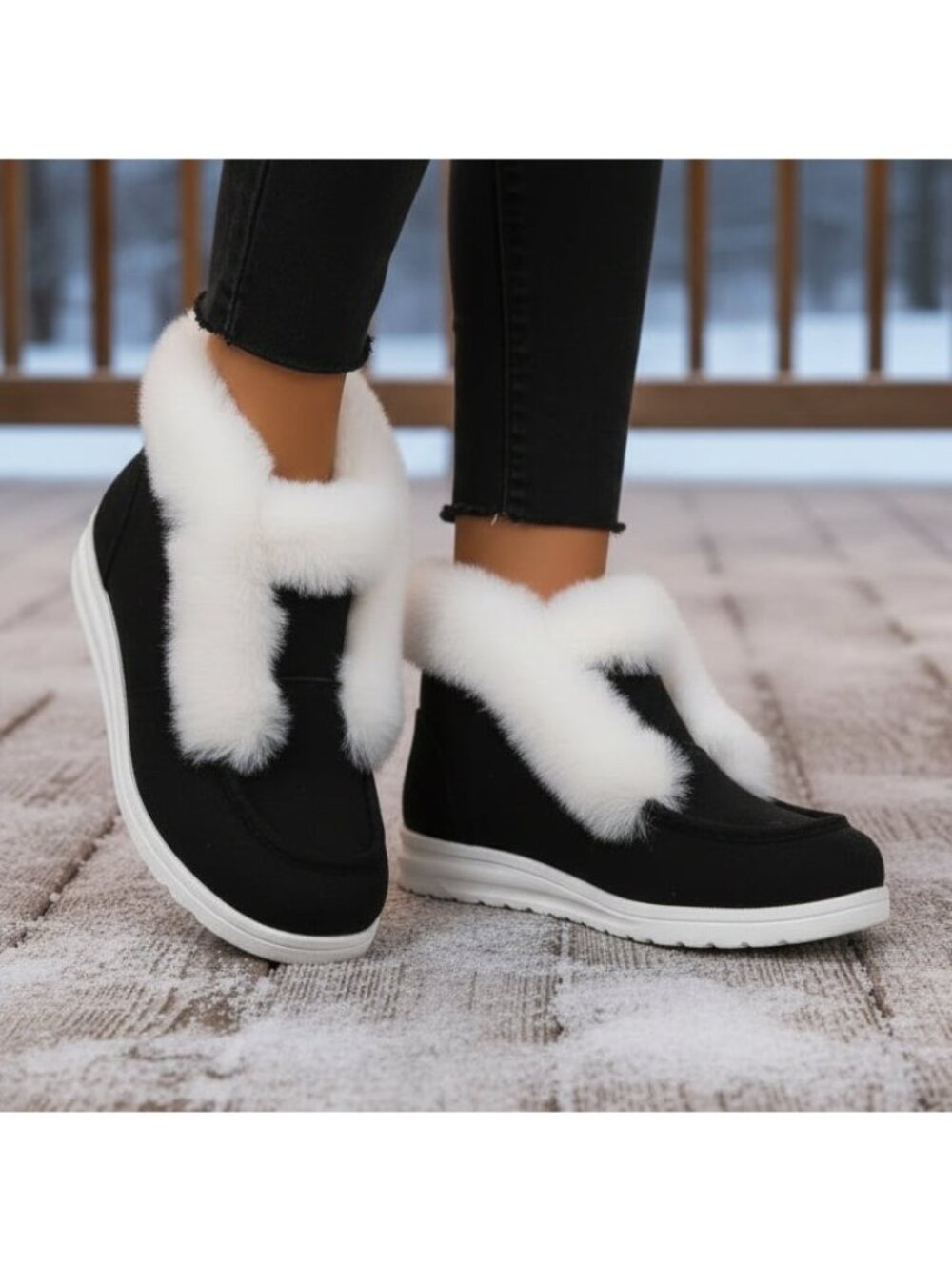 Plush Faux Fur Trim Round Moc Toe Slip-On Ankle Boots Fluffy Winter Bootie Shoes